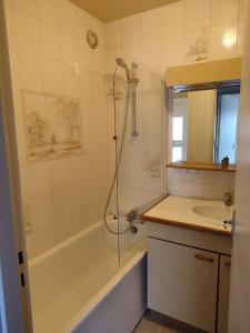 uma casa de banho com um chuveiro, uma banheira e um lavatório. em Grand et superbe appartement proche Paris em Creil