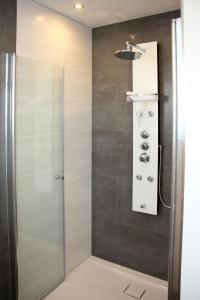 a shower with a glass door in a bathroom at Ostseebrise in Brenkenhagen