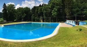 a large blue swimming pool in a grass field at Pod Dębem in Jugów
