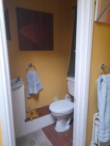 a bathroom with a toilet and towels on the wall at Janet Hale Studios, Garden Apartment in Glastonbury