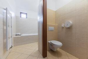 a bathroom with a toilet and a bath tub at Hotel Ondava in Stropkov