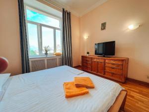 1 dormitorio con 1 cama y TV de pantalla plana en Apartments Rentals Ukraine on Kreshchatik, en Kiev