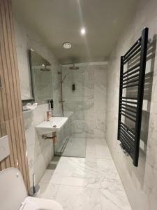 a white bathroom with a sink and a shower at BEAUTiQUE HOTEL CITY CENTRE in Amsterdam