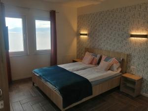 a bedroom with a large bed with two windows at Vila Vista Magica Radozda in Struga