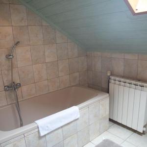 La salle de bains est pourvue d'une baignoire et d'une douche. dans l'établissement Guest House Ema, à Crni Lug