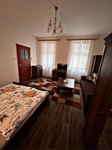 uma sala de estar com uma cama e um sofá em Apartmán U tří jehňátek em Karlovy Vary