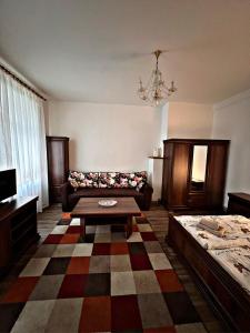 uma sala de estar com um sofá e uma mesa de centro em Apartmán U tří jehňátek em Karlovy Vary