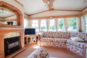 a living room with a couch and a fireplace at Domki pod Czarną w Stroniu Śląskim in Stronie Śląskie