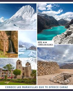 een collage van foto's van bergen en gebouwen bij Hotel Cordillera Blanca in Caraz