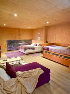 Habitación con 2 camas y sofá. en Hermosa y acogedora parcela cerca de viñas y playa, en Algarrobo