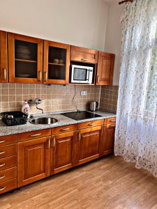 uma cozinha com armários de madeira, um lavatório e um micro-ondas em Apartmán U tří jehňátek em Karlovy Vary