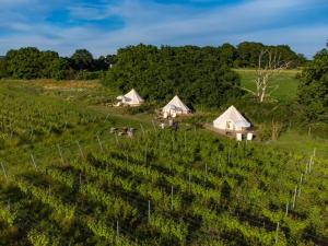 a farm with tents in the middle of a field at Coasters Hideaway boutique Glamping in Brunnby
