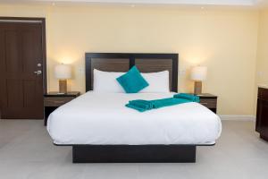 una camera da letto con un grande letto bianco con cuscini blu di The New View Inn a Tortola Island