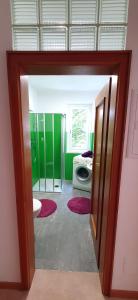 ein Badezimmer mit grünen Wänden und ein Badezimmer mit einer Waschmaschine in der Unterkunft Zweizimmer-Wohnung mit Parkgarage in Naturns