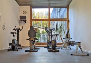 un gimnasio con varias bicicletas estáticas y una ventana en Modern renoviert mit Hallenbad + Fitness, en Laax