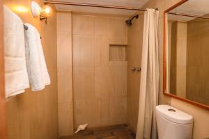 a bathroom with a shower with a toilet and a shower curtain at Departamento Nuevo con clima,centrico,Parking #6 in Ciudad Valles +80 photos