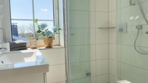 bagno con doccia, lavandino e specchio di Haus-Kirsten-Fewo-Nr-5 a Cuxhaven