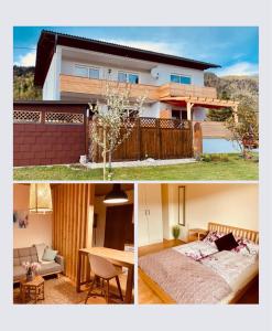 two pictures of a house with a bed and a room at Appartements Skruba in Steindorf am Ossiacher See