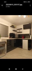 a kitchen with black cabinets and a white counter top at U San Francescu Maisonette Modulaire Type studio in Volpajola +9 photos