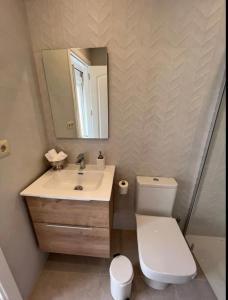 La salle de bains est pourvue d'un lavabo, de toilettes et d'un miroir. dans l'établissement Apartamento La Canela, à Nerja