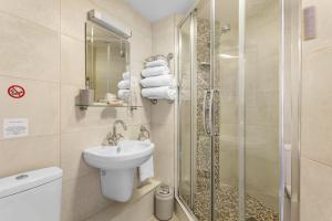 a bathroom with a shower and a toilet and a sink at Kings Lodge in Torquay