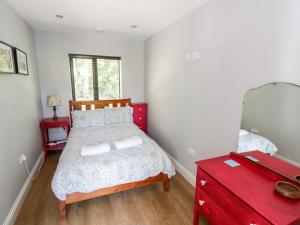 a bedroom with a bed with a red dresser and a mirror at The Visiting House in Dunmore