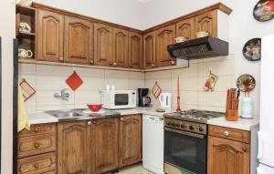 uma cozinha com armários de madeira e um micro-ondas branco em Apartments by the sea Brodarica, Sibenik - 921 em Brodarica