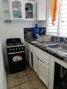 a small kitchen with a stove and a sink at Studio Centrally located, 50 mts from El Malecón. in Santa Bárbara de Samaná