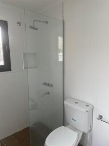 a bathroom with a toilet and a glass shower at LOFT centrico 11 de Abril in Bahía Blanca