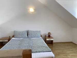 Bett mit blauen Kissen in einem weißen Zimmer in der Unterkunft Apartments by the sea Milna, Brac - 18743 in Milna