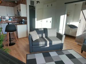 uma sala de estar com um sofá e uma cozinha em Herostreet Apartment 9 em Iisalmi