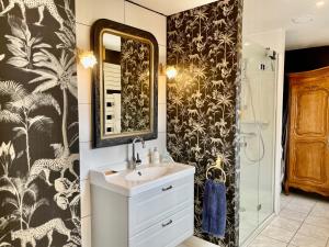 La salle de bains est pourvue d'un lavabo et d'une douche. dans l'établissement Maison Trianon 1928, à Quiévrechain