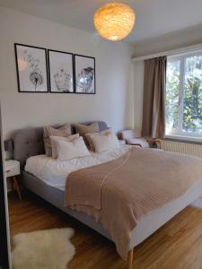 een slaapkamer met een groot bed en een raam bij Cosy and Fully Equipped Apartment near Antwerp in Antwerpen