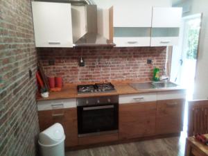 uma cozinha com armários de madeira e uma parede de tijolos em Holiday house with a parking space Silba - 18784 em Silba