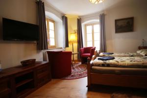 1 dormitorio con 1 cama, escritorio y TV en Pension und Falknerei an der alten Schmiede en Bernstadt