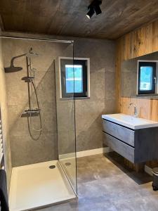 a bathroom with a shower and a sink at DualPark Afritz am See in Scherzboden