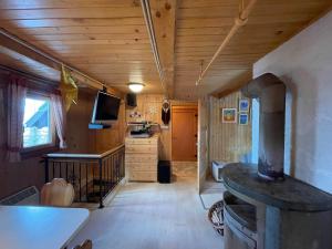 une chambre avec un poêle à bois dans une petite maison dans l'établissement Velika Planina Koča Kekec, à Stahovica