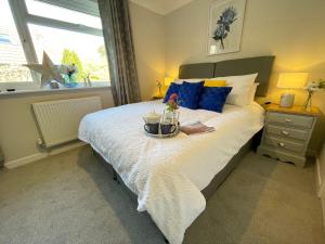 a bedroom with a large bed with blue pillows at Charming 2 Bedroom Bungalow with open plan living in Felixstowe