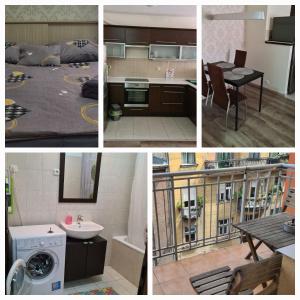 een collage van foto's van een keuken en een slaapkamer bij Aphrodité apartman in Boedapest
