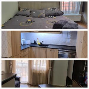 two pictures of a kitchen and a bed in a room at Aphrodité apartman in Budapest