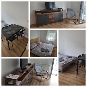 ブダペストにあるAphrodité apartmanのテーブル、ベッド、テレビが備わる客室です。