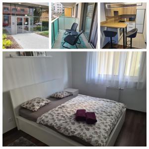 1 dormitorio con 1 cama, 1 mesa y 1 silla en Aphrodité apartman, en Budapest
