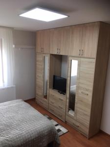 1 dormitorio con 1 cama, TV y armarios de madera en Thaly 5, en Debrecen