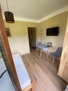 um quarto com uma mesa e cadeiras e uma televisão em Noclegi 25 H em Zakopane