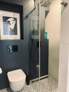 a bathroom with a shower stall and a toilet at Apartament Family Premium - Baltic Sun Sztutowo in Sztutowo