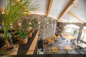 an overhead view of a restaurant with tables and potted plants at Rija Old Town Hotel in Tallinn