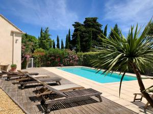 uma piscina com espreguiçadeiras e uma palmeira em La Bri...Gite em LʼIsle-sur-la-Sorgue