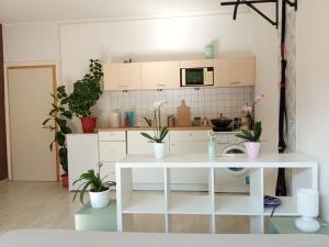 a kitchen with white cabinets and potted plants at Free parking, Balcony, Budapest in Budapest