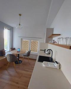une cuisine avec un évier et une table avec des chaises dans l'établissement Nautica apartments&studios, à Pechtani
