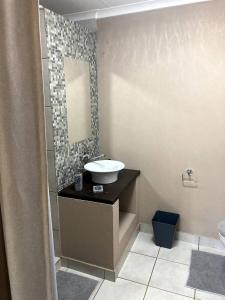 a bathroom with a sink and a mirror at Klein Kavali Studio's in Eikenhof